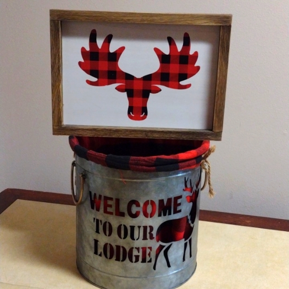 Tin Lodge Bucket Buffalo Plaid Moose Buck